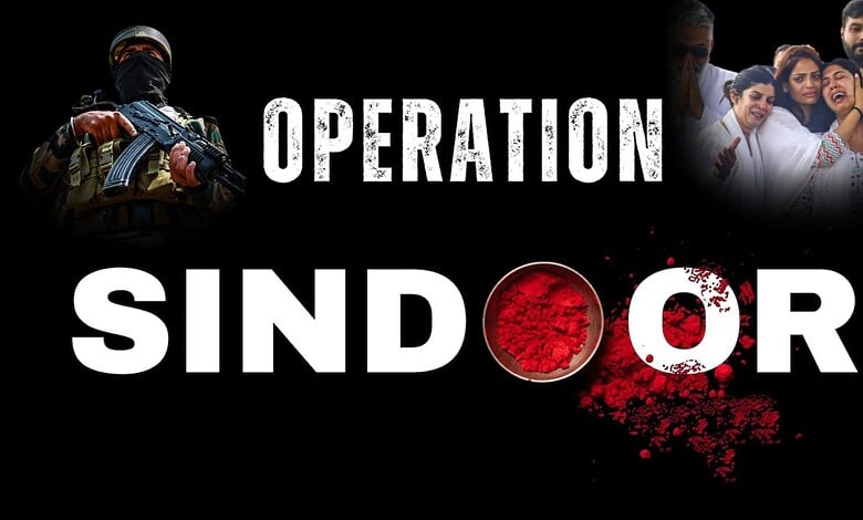Soldier in tactical gear holding a rifle, alongside a group of civilians, symbolising Operation Sindoor a.