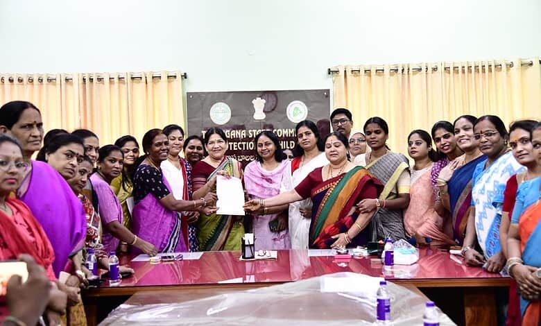BRS women demand Bandi Bhagirath's arrest, meet child rights commission in a protest event.
