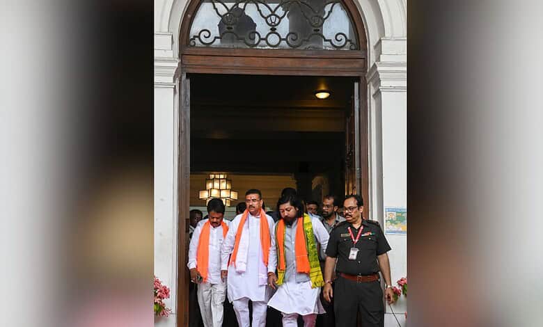 Kolkata: West Bengal Chief Minister Suvendu Adhikari with state Cabinet Minister Nisith Pramanik and others after the oath-taking ceremony of the newly-elected MLAs in the state Legislative Assembly, in Kolkata, Wednesday, May 13, 2026. (PTI Photo)
