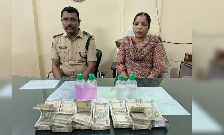 Bribe exchange caught on camera involving Telangana forest officials with cash and bottles on a table.