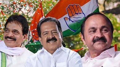 Indian political leaders celebrating with party flags during a public event in Kerala.