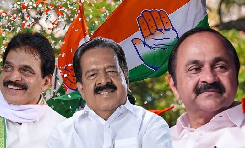 Indian political leaders celebrating with party flags during a public event in Kerala.