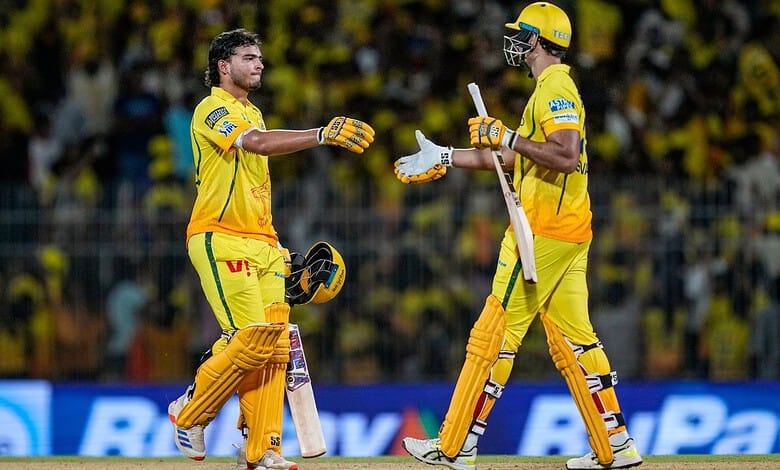 Urvil celebrates with CSK teammates after a five-wicket victory over LSG in cricket match.