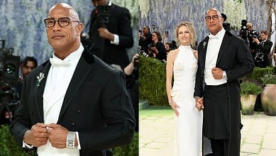 Dwayne Johnson wearing a skirt at the Met Gala 2026, posing with a woman in an elegant white dress.