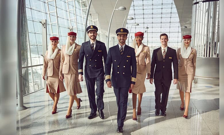 Emirates pilots and cabin crew walk through an airport terminal in official airline uniform.