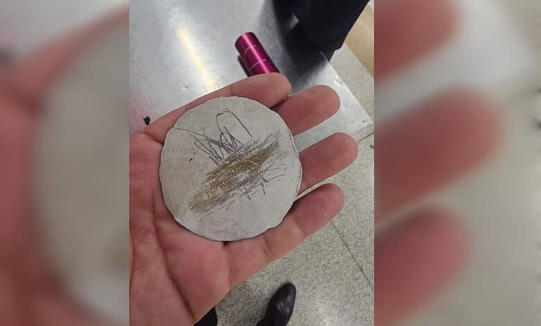 Hand holding a round stone with a sketch and feather drawing, indoors.