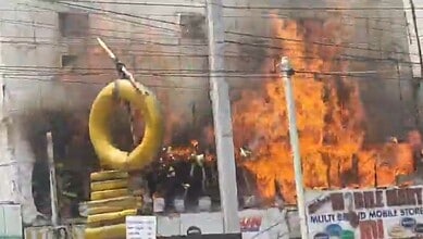 Fire and smoke from a gas cylinder explosion at a hotel in Patancheru, Hyderabad, causing damage and inju.