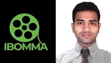 Young man in formal attire with IBOMMA logo on a black background, promoting online movie streaming servi.