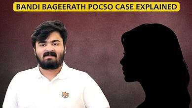 Bandi Bageerath Pocso case explained with a man in white shirt and a silhouette of a woman against a maro.