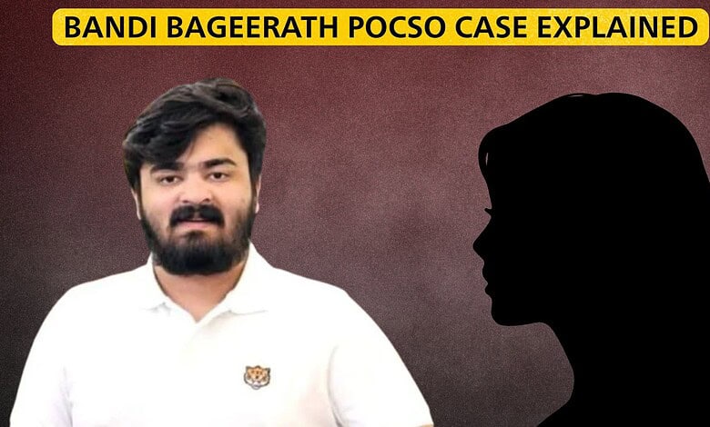 Bandi Bageerath Pocso case explained with a man in white shirt and a silhouette of a woman against a maro.