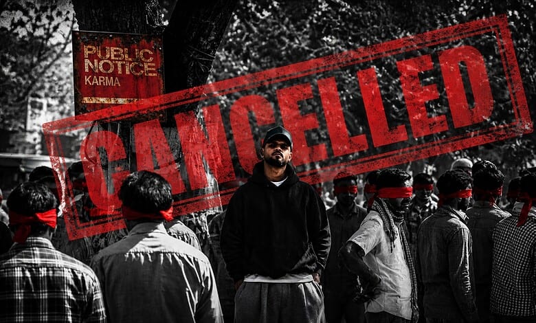 Karma, a rapper from Dehradun, surrounded by protesters with a "Cancelled" stamp overlay.