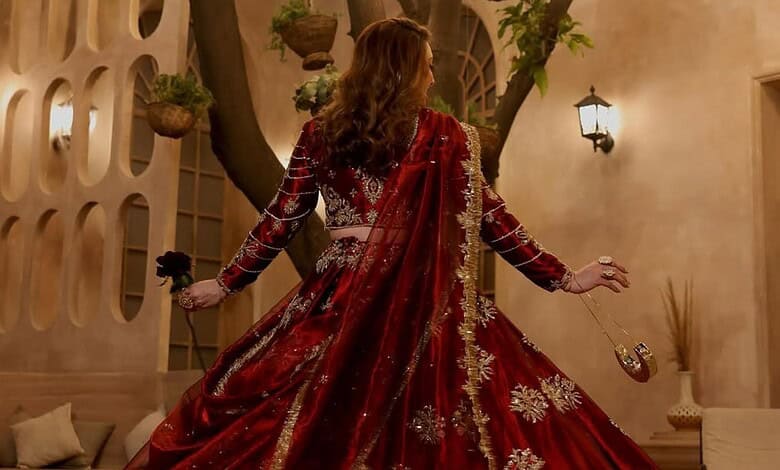 A woman in a traditional red bridal dress with intricate embroidery, standing outdoors with a tree and wa.