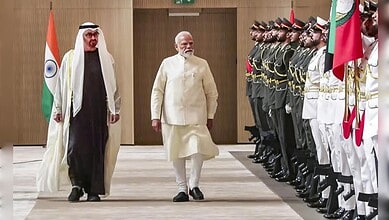 Indian Prime Minister Narendra Modi and Saudi Crown Prince Mohammed bin Salman during official ceremony.