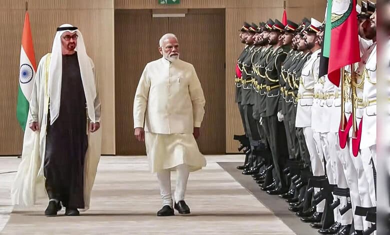 Indian Prime Minister Narendra Modi and Saudi Crown Prince Mohammed bin Salman during official ceremony.