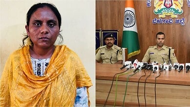 Woman in yellow traditional attire speaking at press conference with police officials.