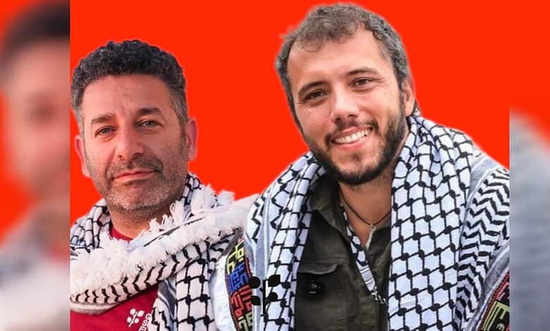 Two activists with Palestinian scarves detained by Israeli forces after Gaza aid flotilla interception.