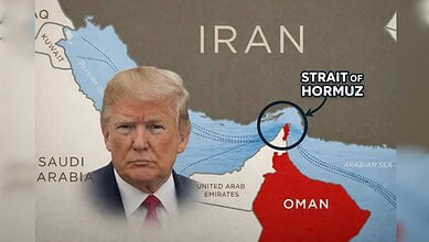 Image of Donald Trump with a map showing Iran, Oman, and the Strait of Hormuz, related to a military oper.