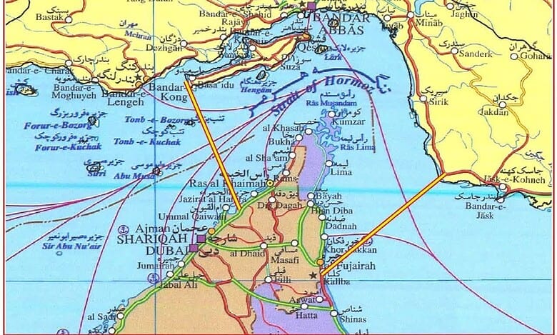 Map of the Strait of Hormuz showing vessel routes and military activity during US operation.
