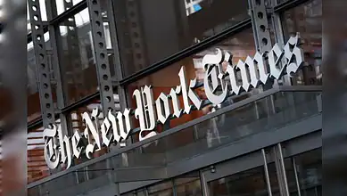 The New York Times sign displayed above the entrance of the newspaper’s building in New York City.
