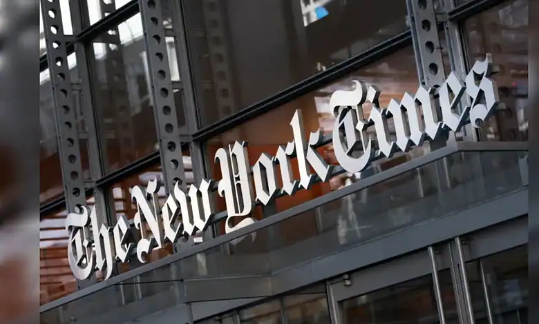 The New York Times sign displayed above the entrance of the newspaper’s building in New York City.