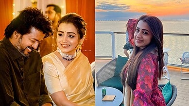 Trisha smiling on a cruise at sunset, wearing a pink dress, with a scenic ocean view behind her.