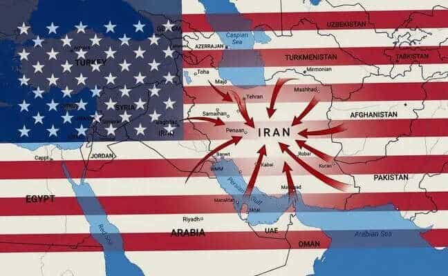 Map of the Middle East overlaid with the US flag and red arrows pointing towards Iran, shared amid rising regional tensions.